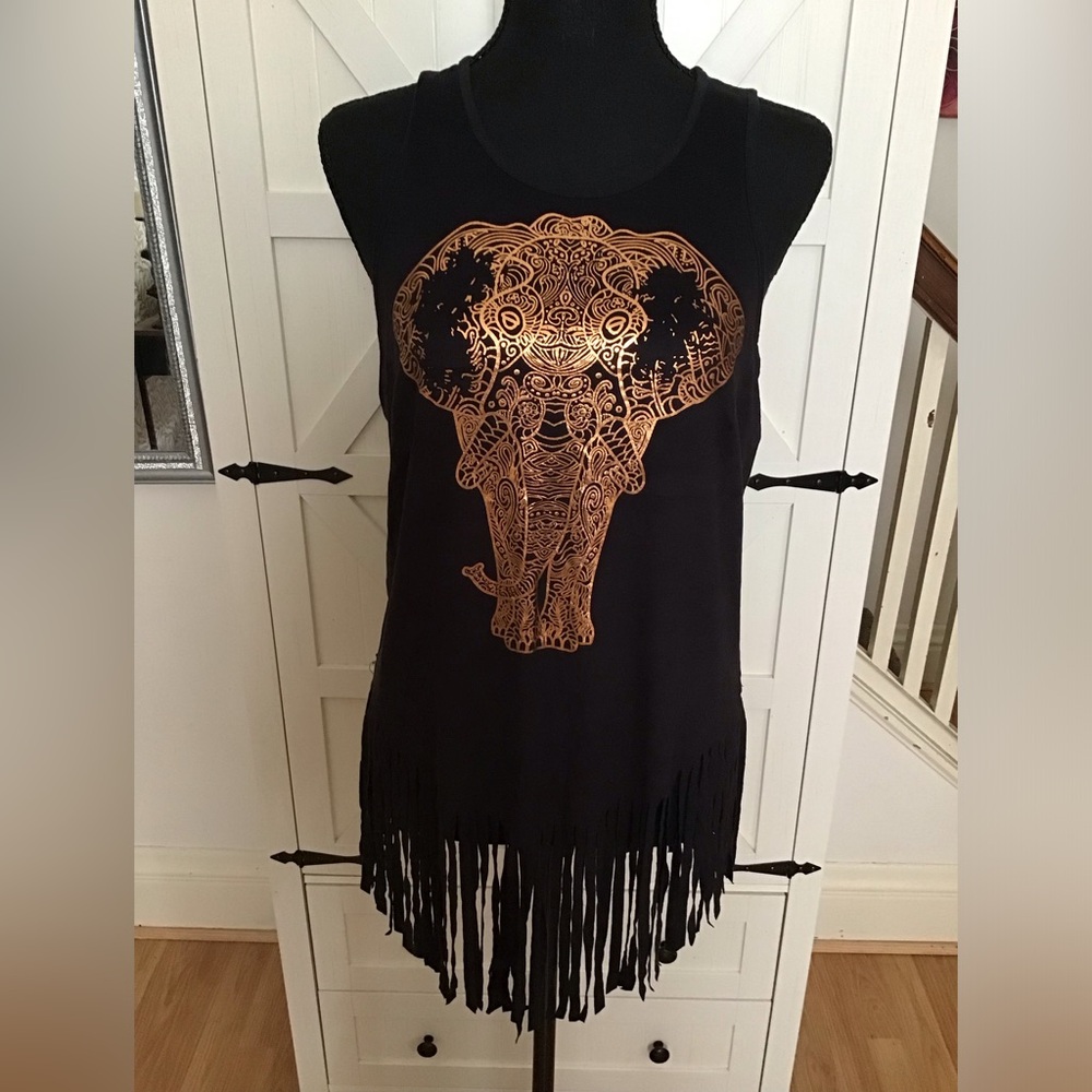 Belle Du Jour Black Tank Top with Gold Elephant Design